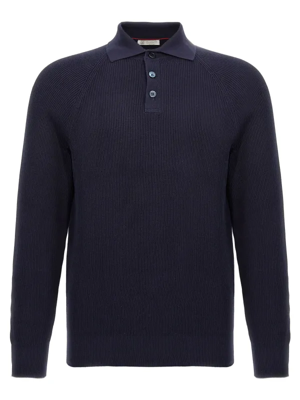 Ribbed Shirt Polo Blue made by Brunello Cucinelli