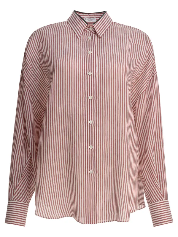 Linen And Silk Striped Organza Shirt With Shiny Collar Detail Shirts Bordeaux made by Brunello Cucinelli