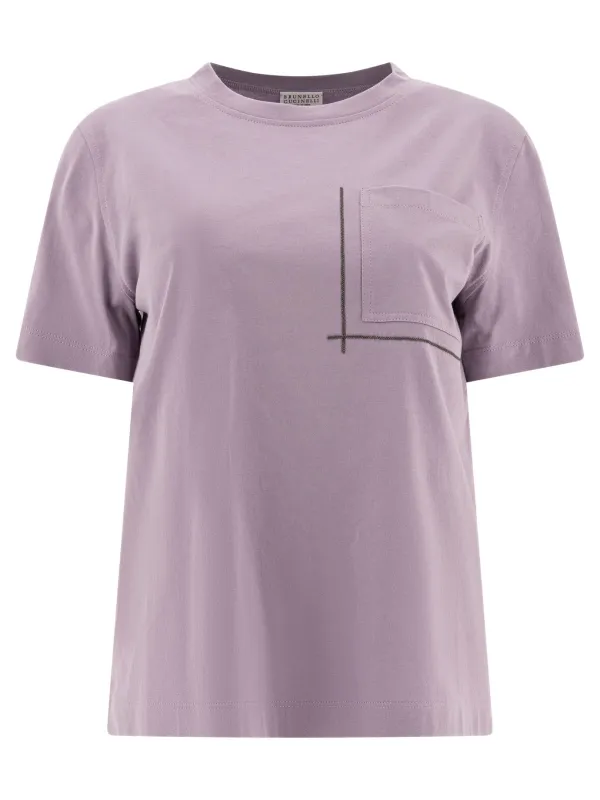 Cotton Jersey T-Shirt With Shiny Pocket Detail T-Shirts Purple made by Brunello Cucinelli
