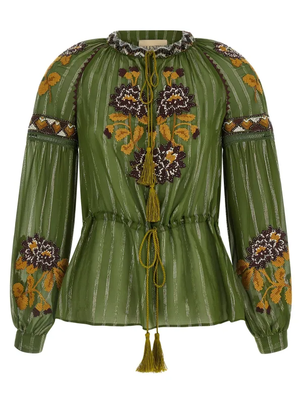 Valentino Garavani Embroidered Lurex Silk Shirt Shirt And Blouse Green sold by Wanan Luxury