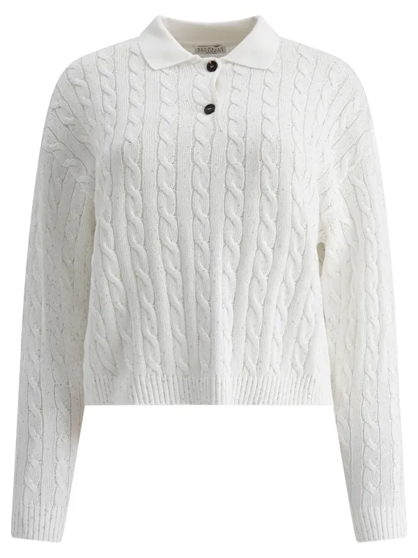 Dazzling Cables Knit Polo Shirt Polo Shirts White made by Brunello Cucinelli