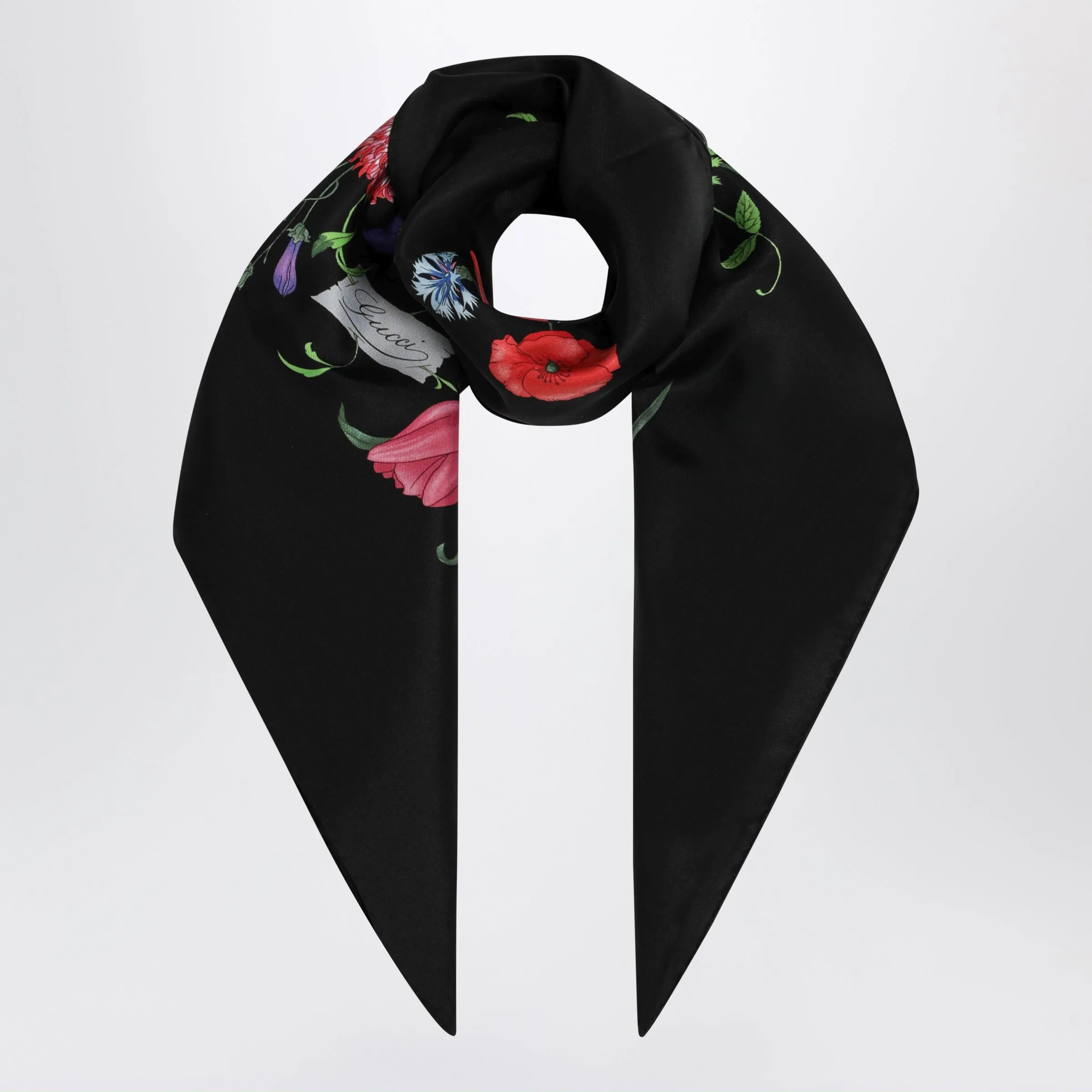 Black Printed Silk Twill Scarf sold by Wanan Luxury
