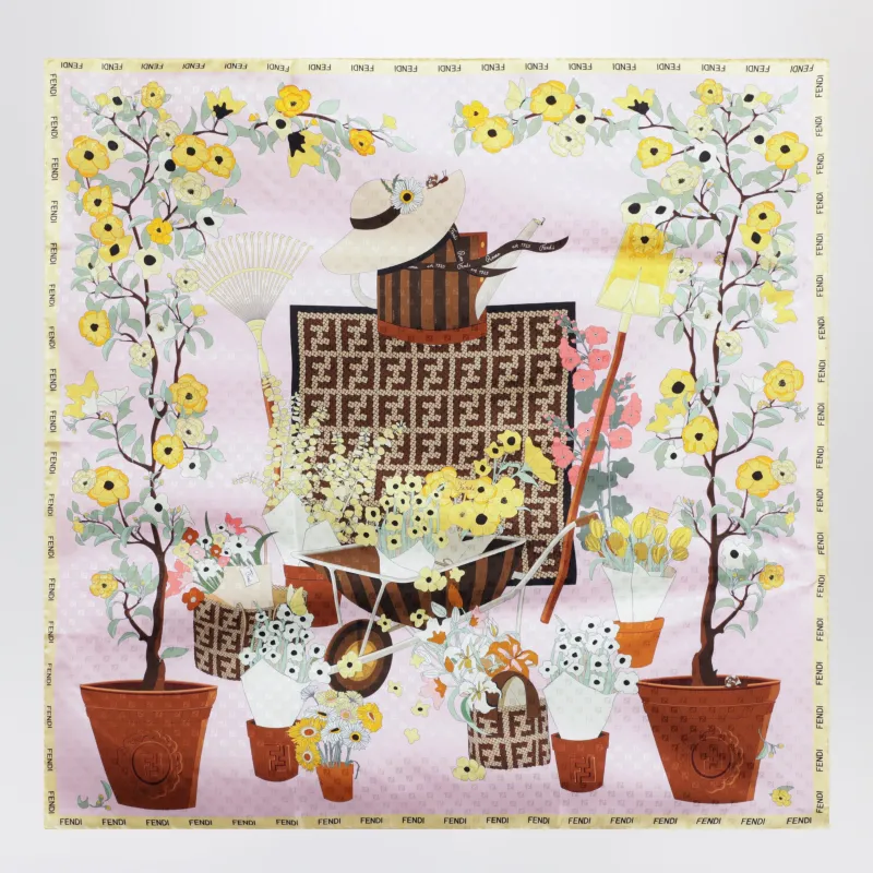Fendi Gardening Pink Multicoloured Silk Foulard sold by Wanan Luxury