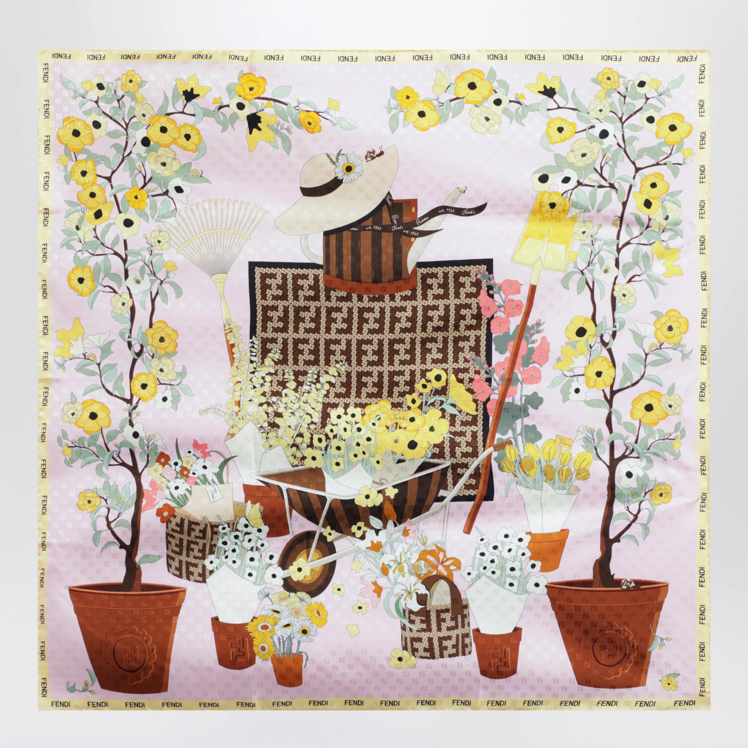 Fendi Gardening Pink Multicoloured Silk Foulard sold by Wanan Luxury