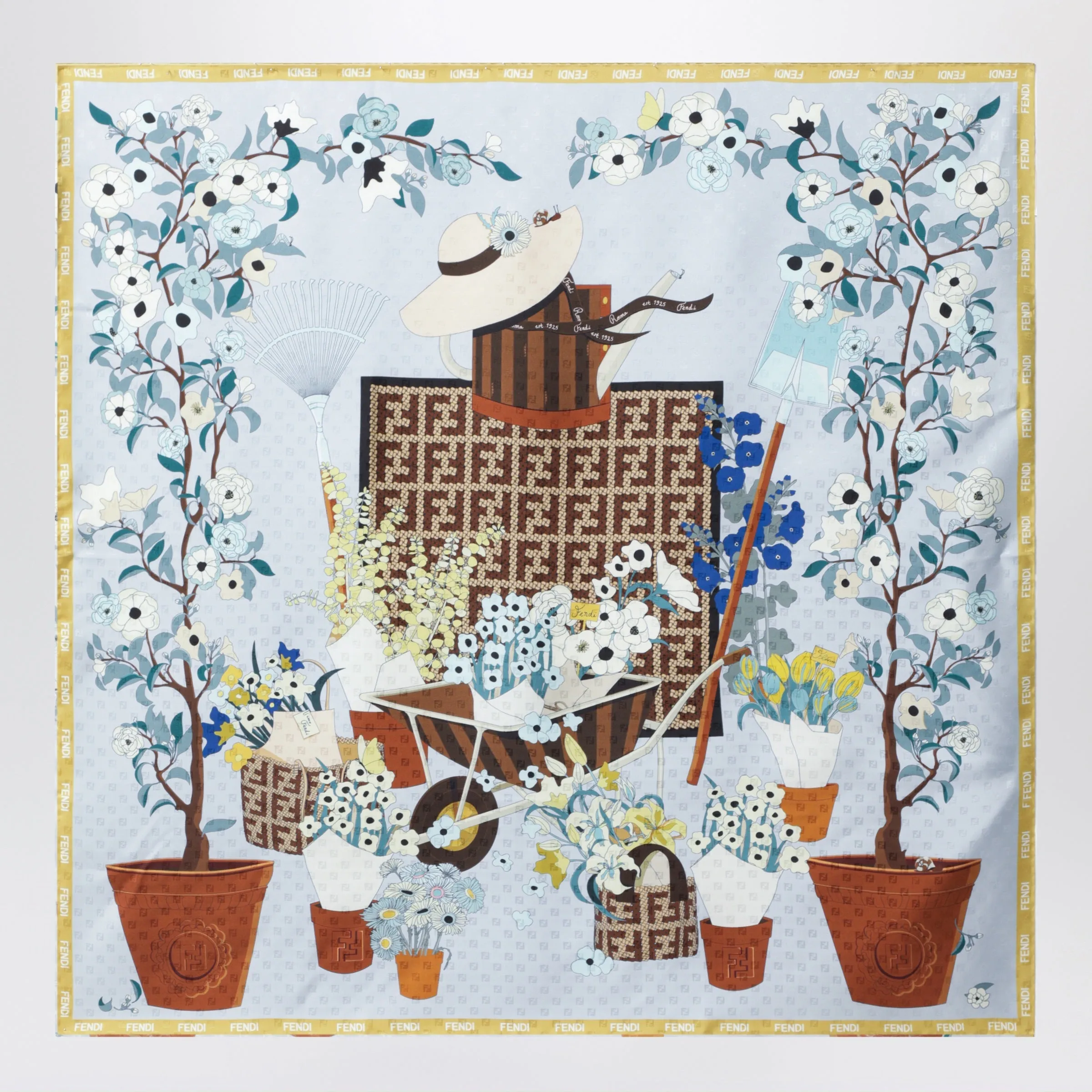 Fendi Gardening Light Blue Multicoloured Silk Foulard sold by Wanan Luxury