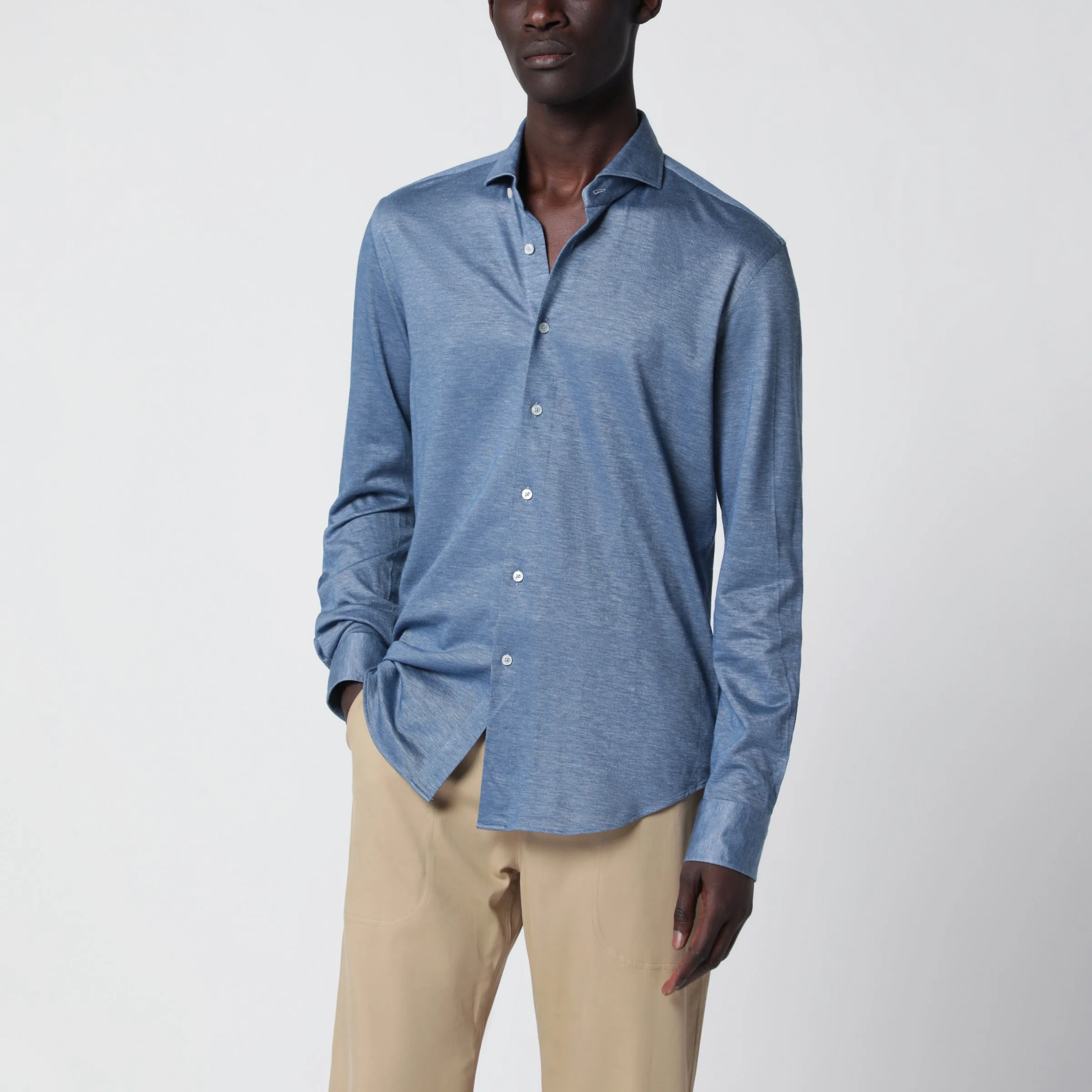 Light Blue Cotton Blend Tailor Fit Shirt sold by Wanan Luxury