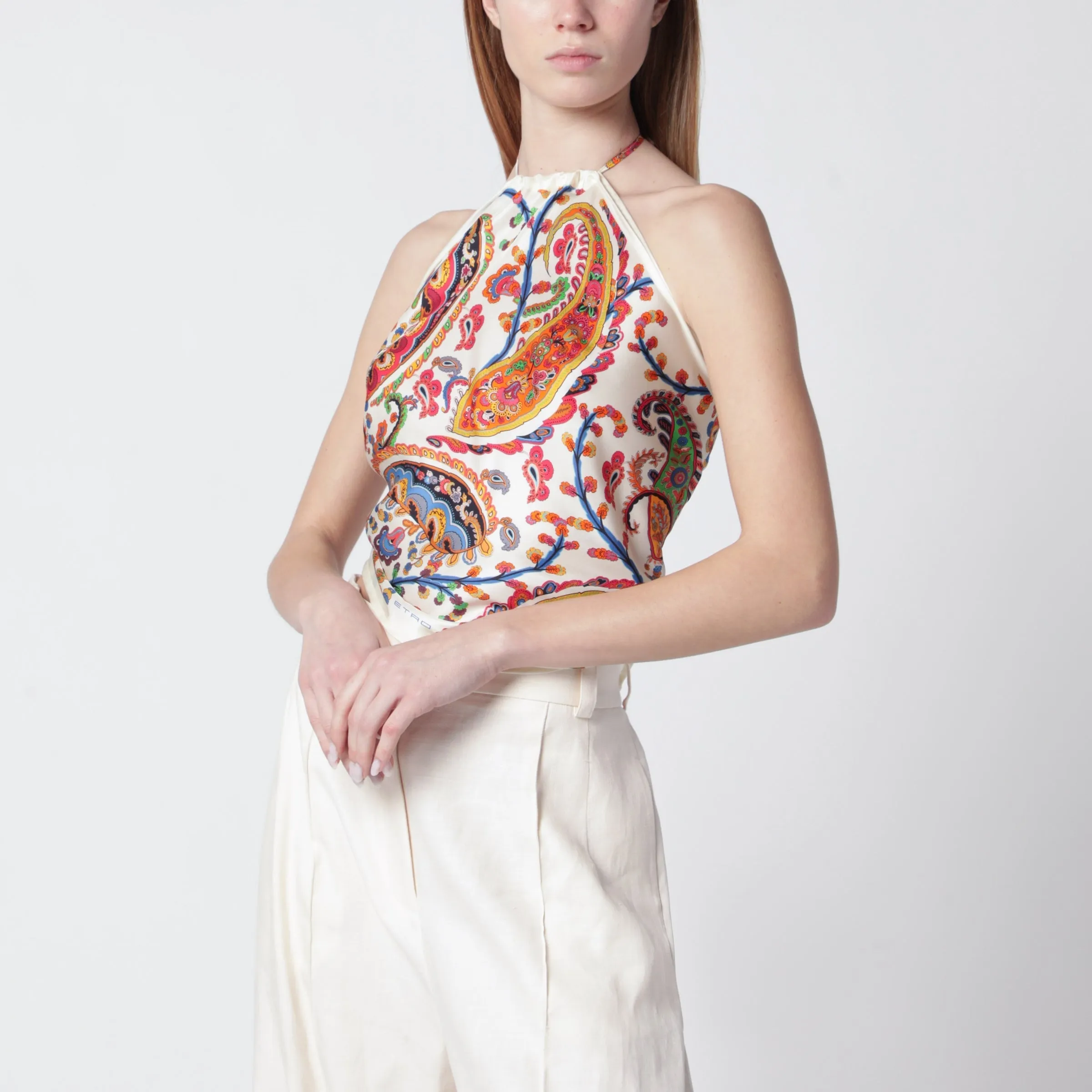 Bandana Top In Silk Twill With Floral Paisley Motif sold by Wanan Luxury