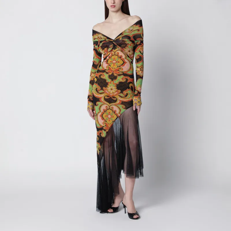 Asymmetrical Midi Dress In Stretch Tulle With Traditional Floral Print sold by Wanan Luxury