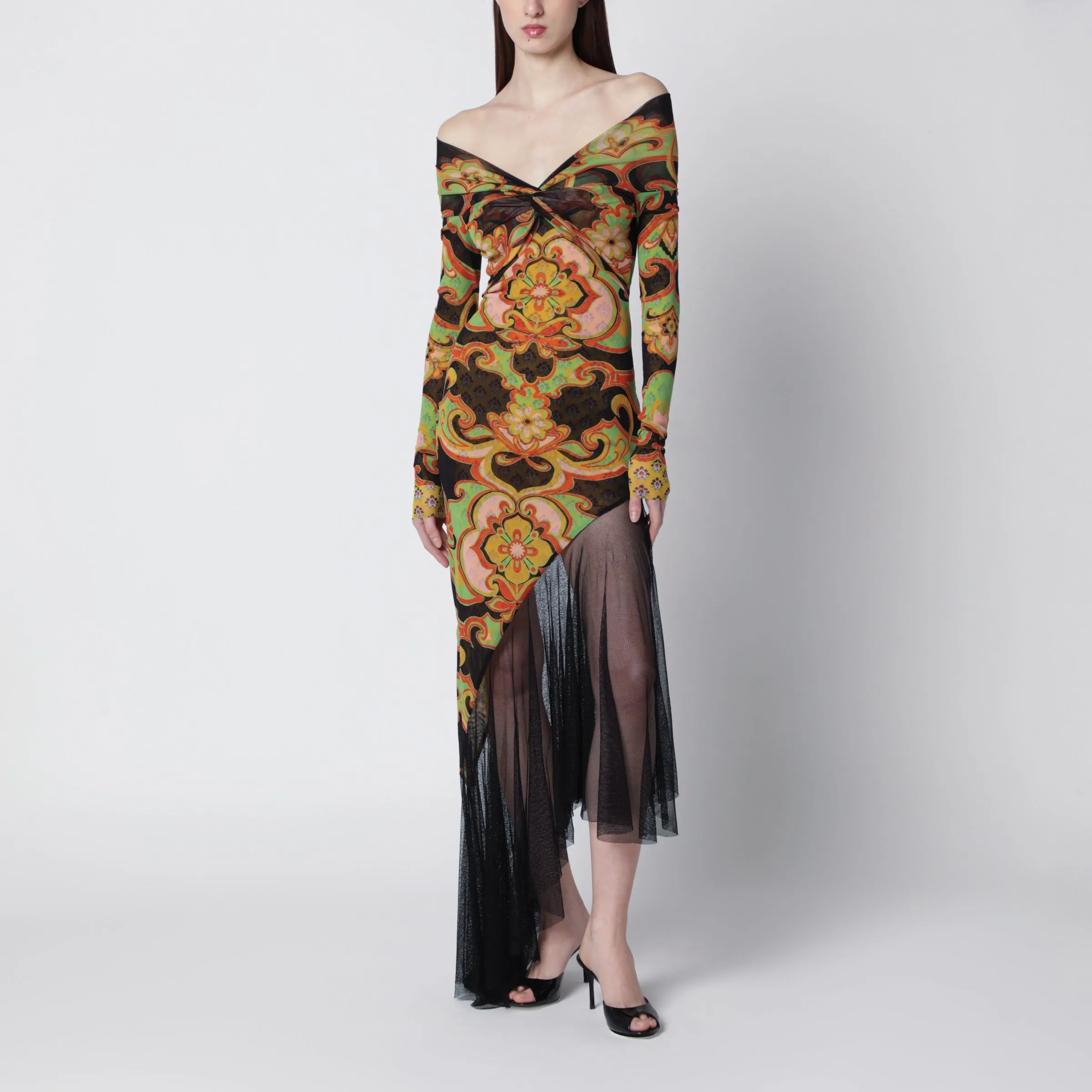 Asymmetrical Midi Dress In Stretch Tulle With Traditional Floral Print sold by Wanan Luxury