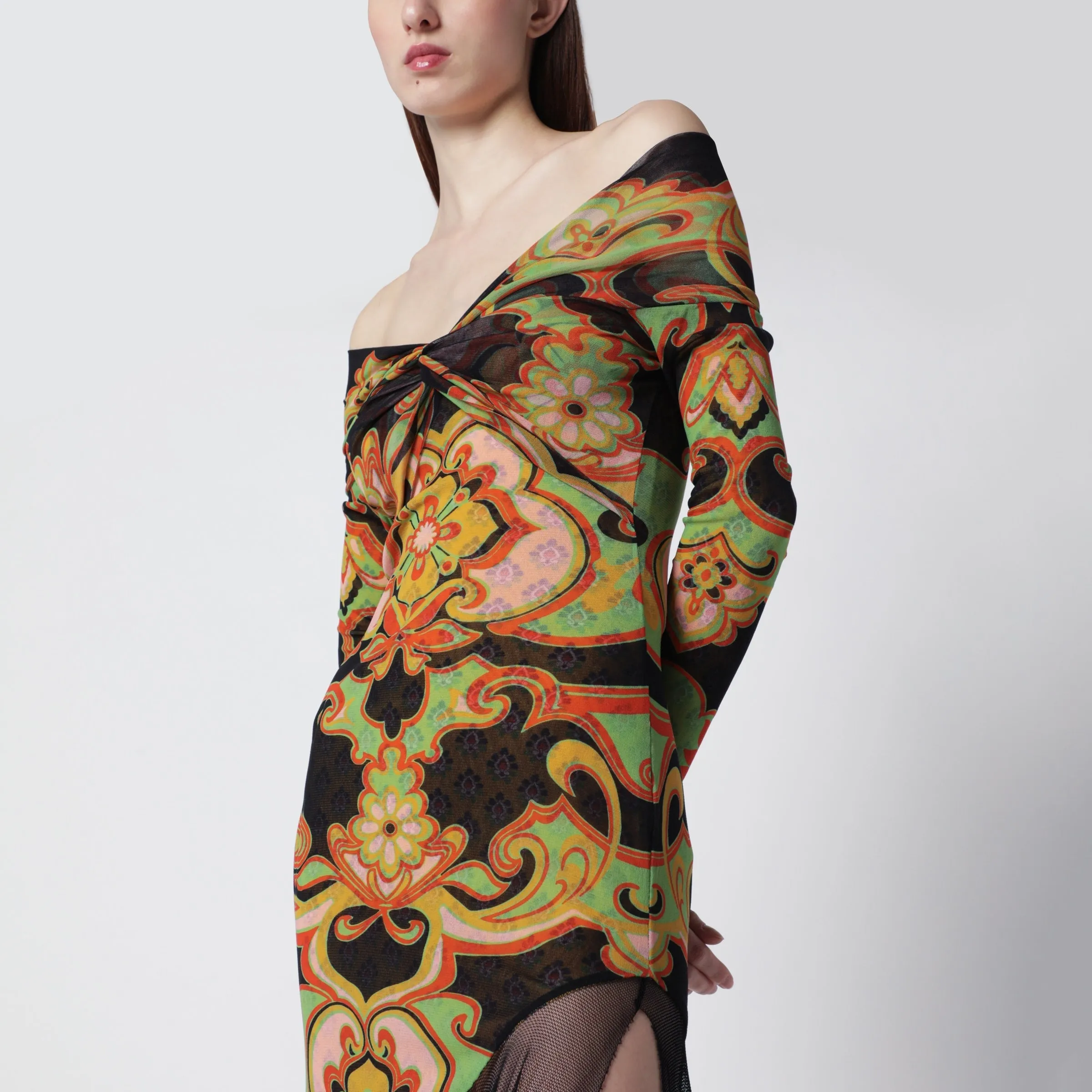 Asymmetrical Midi Dress In Stretch Tulle With Traditional Floral Print sold by Wanan Luxury product image thumbnail 2