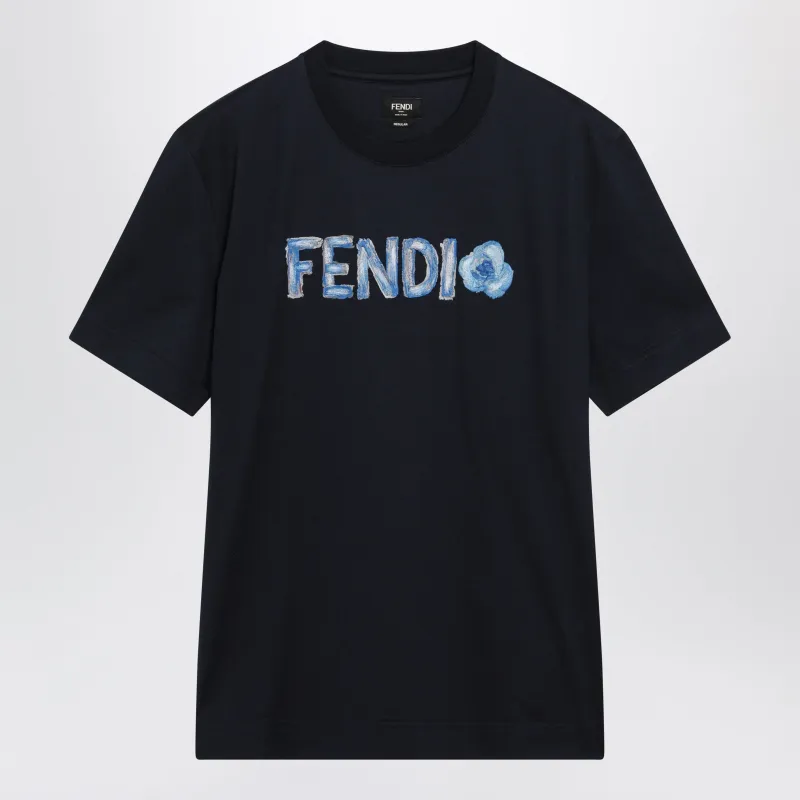 Navy Blue T-Shirt With Embroidered Logo made by Fendi