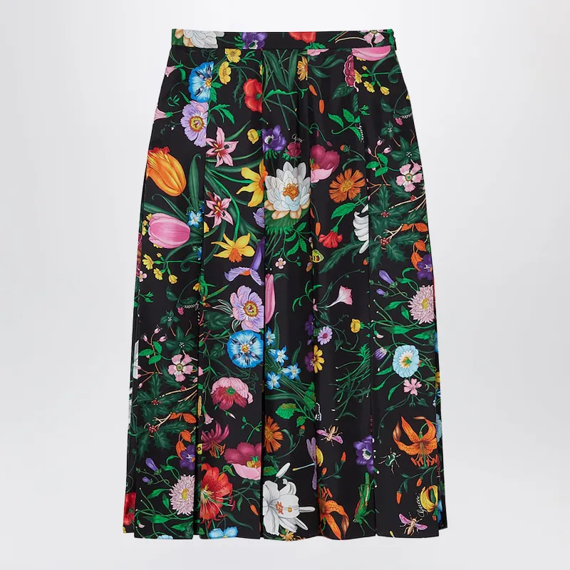 Pleated Midi Skirt In Silk Twill With Flora Print sold by Wanan Luxury