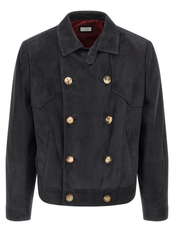 Suede Jacket Puffer Jackets Blue made by Brunello Cucinelli