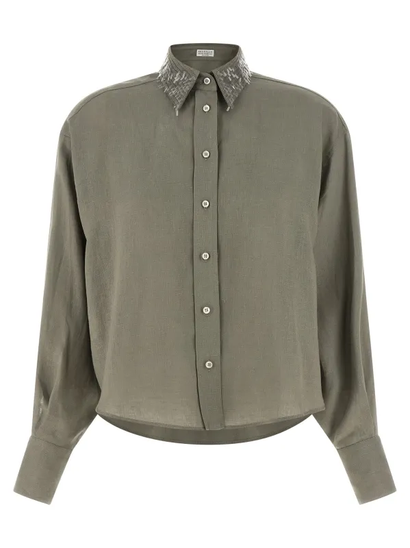 Sequin Collar Shirt Shirt And Blouse Green made by Brunello Cucinelli