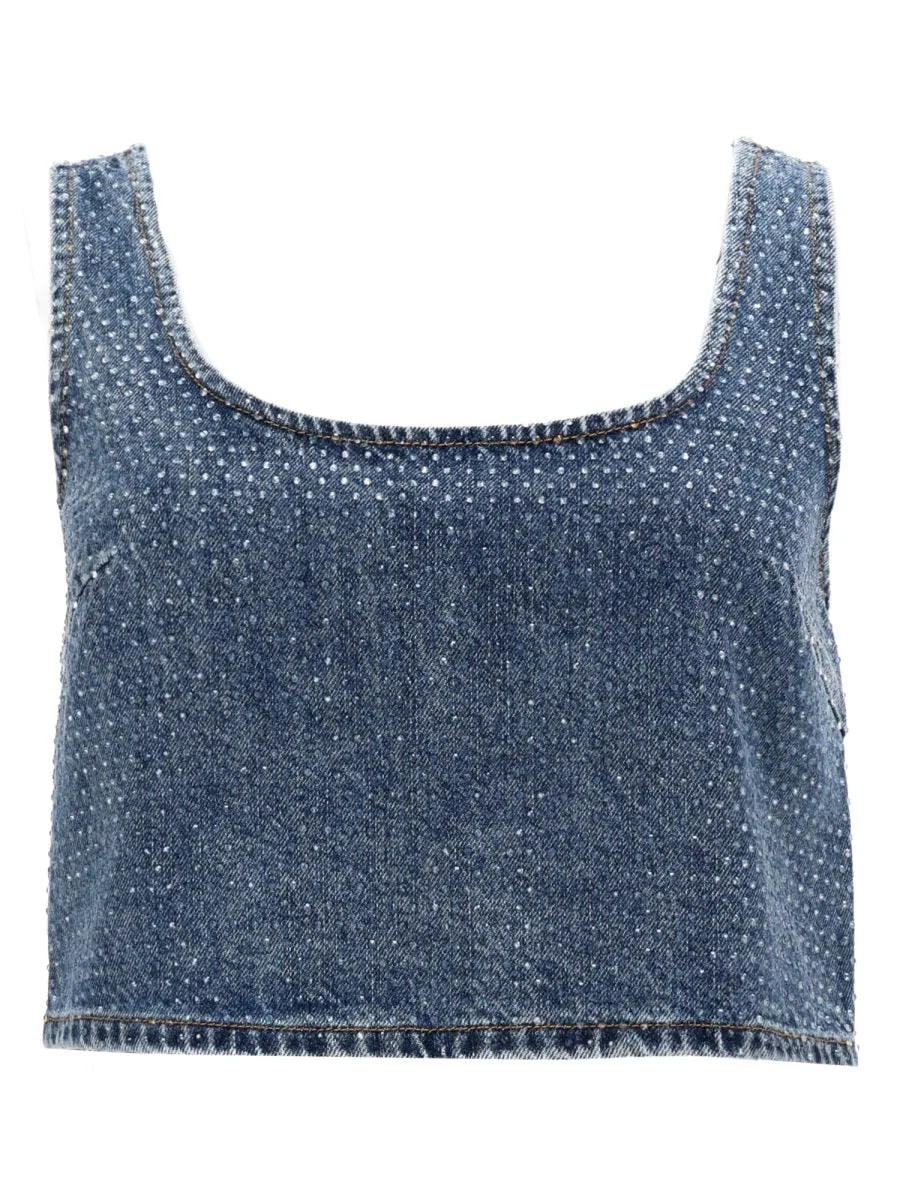 Denim Crop Top With Rhinestones sold by Wanan Luxury
