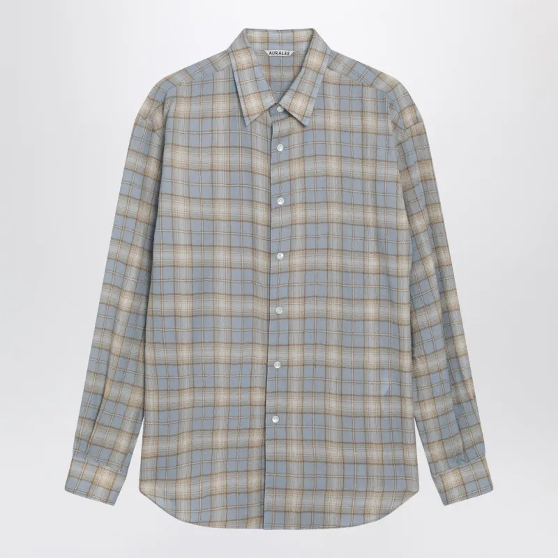 Light Blue/Beige Checked Wool Shirt made by Auralee