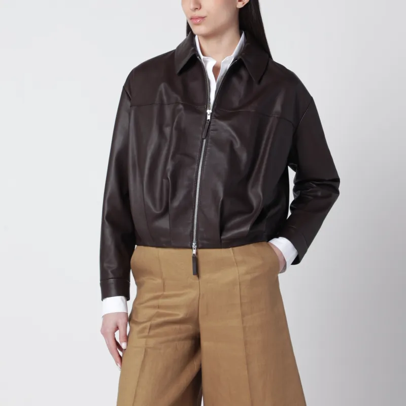 Brown Leather Zip-Up Bomber Jacket made by Wanan Luxury