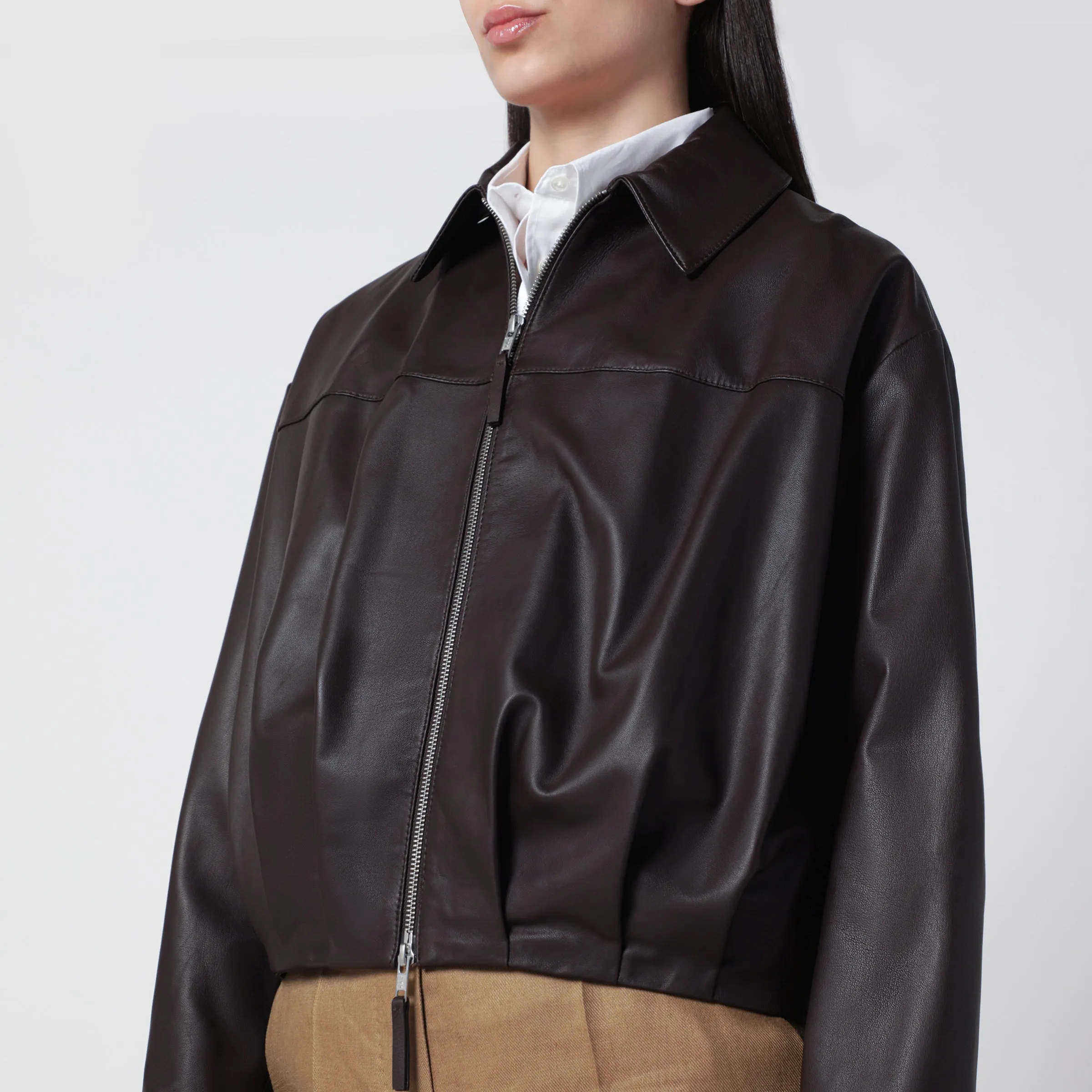 Brown Leather Zip-Up Bomber Jacket sold by Wanan Luxury product image thumbnail 2