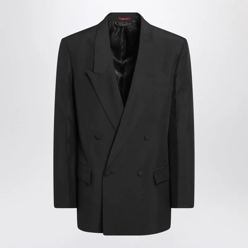 Black Double-Breasted Jacket In Technical Panama sold by Wanan Luxury