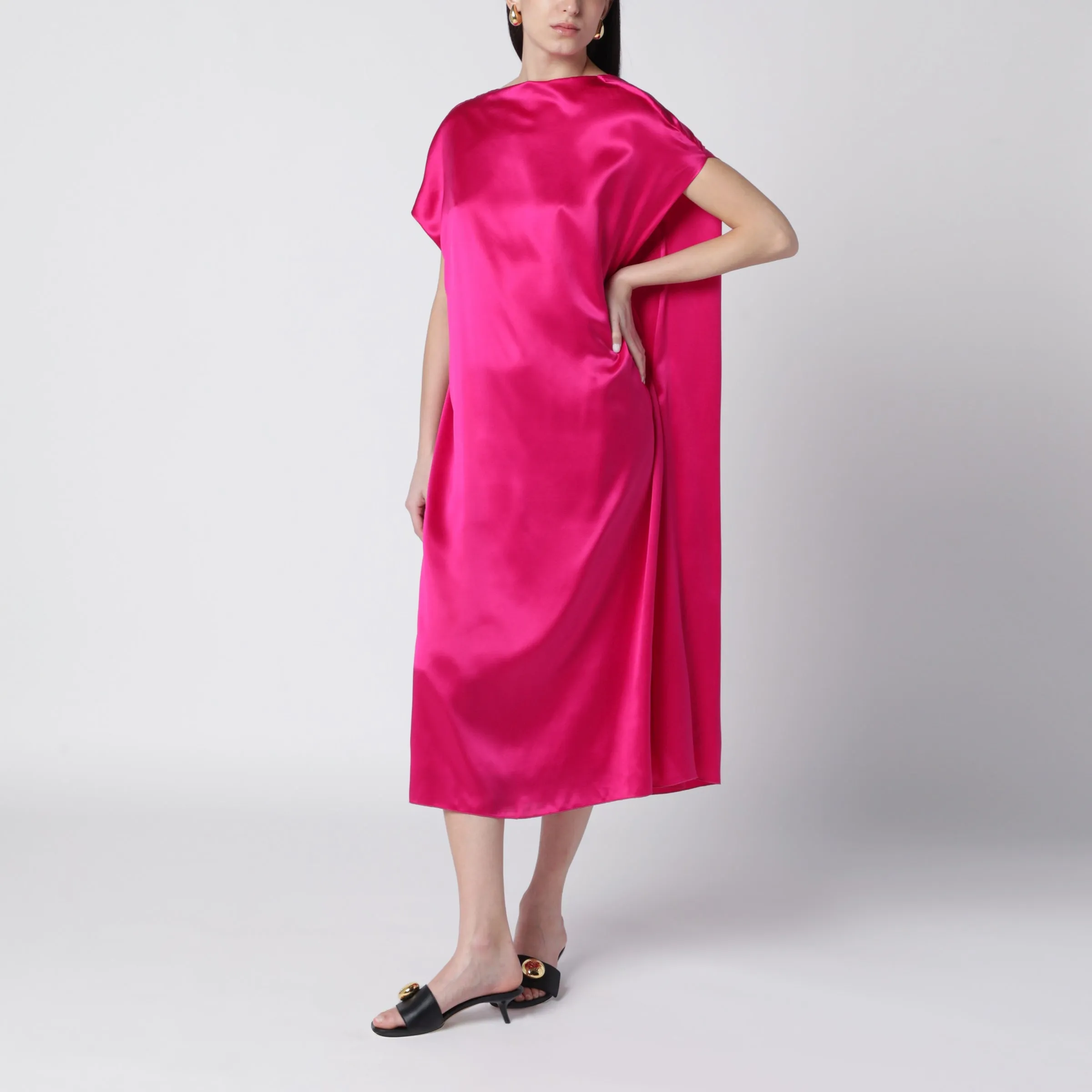 Fuchsia Silk Satin Midi Dress sold by Wanan Luxury