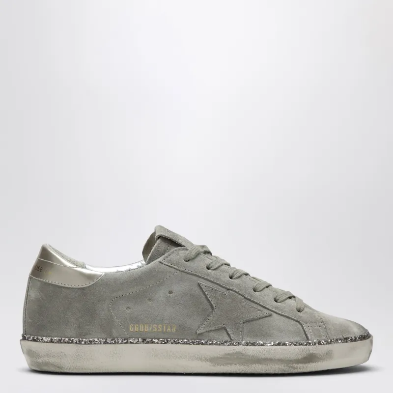 Super-Star Taupe Grey/Glitter Suede Sneakers made by Golden Goose