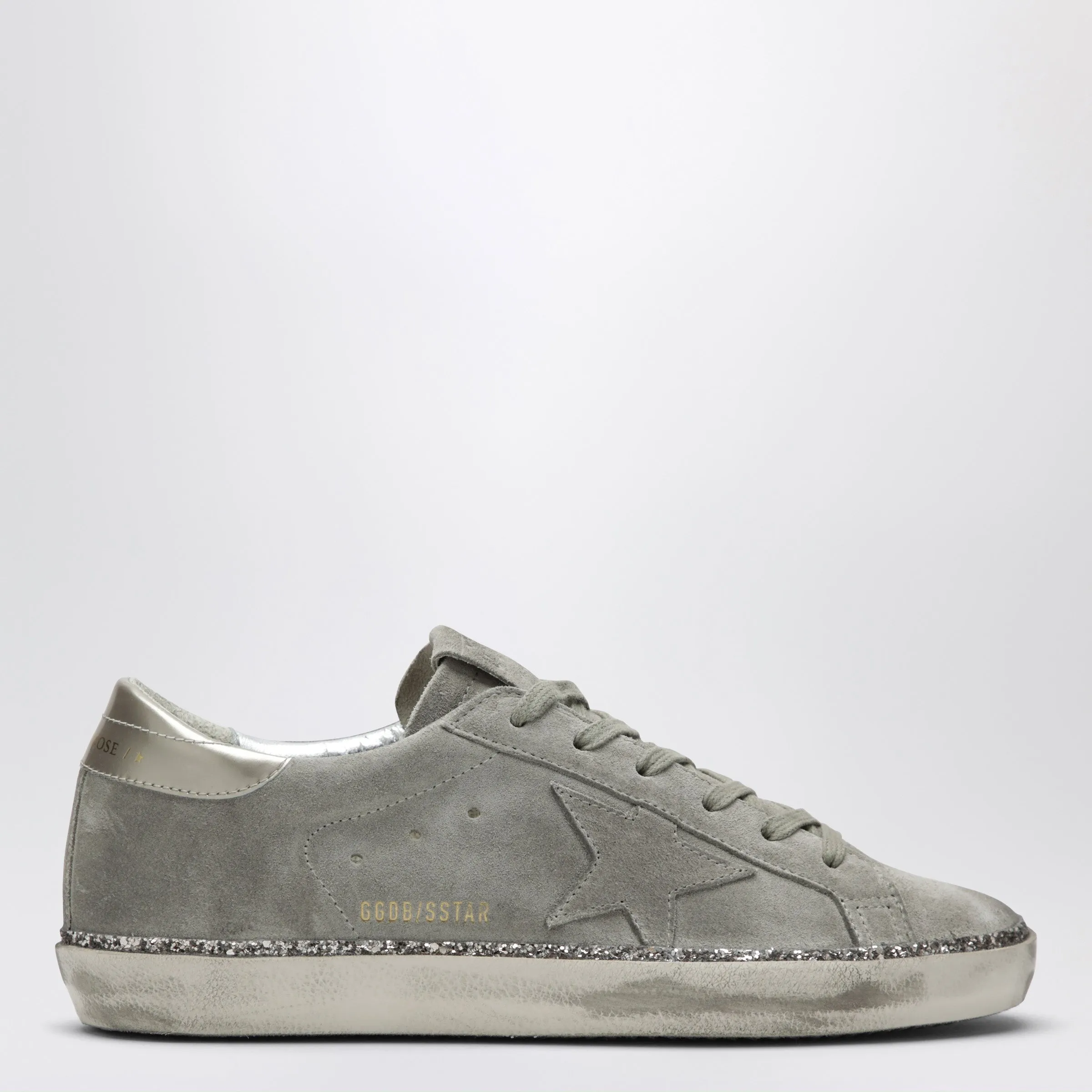 Super-Star Taupe Grey/Glitter Suede Sneakers sold by Wanan Luxury