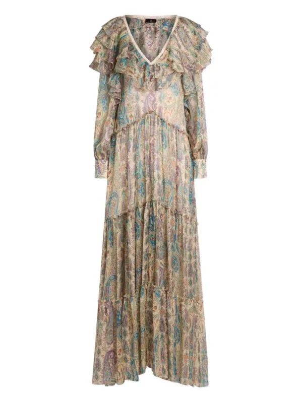 Long Silk Dress With Paisley Print And Ruffled Details made by Etro