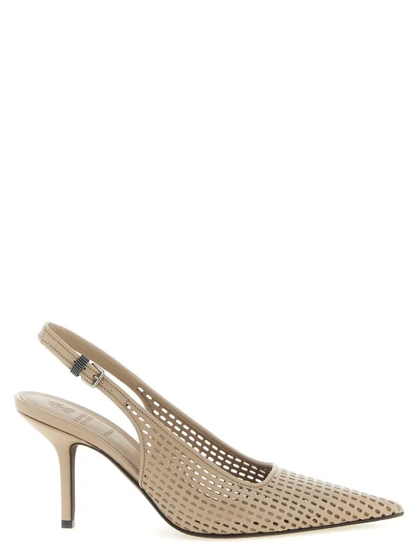 Net Calf Slingback Pumps Beige made by Brunello Cucinelli