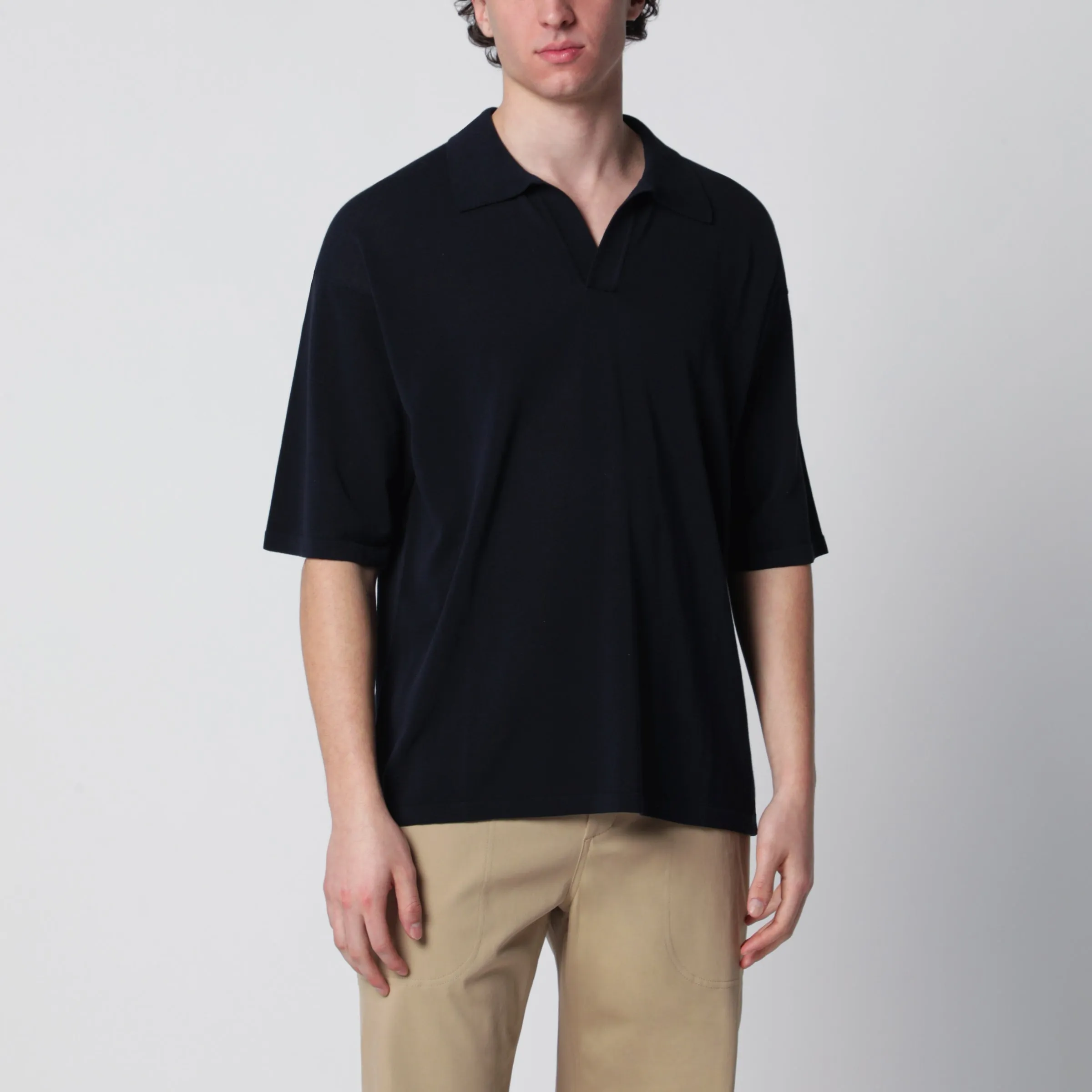 Navy Blue Cotton Knit Polo Shirt sold by Wanan Luxury