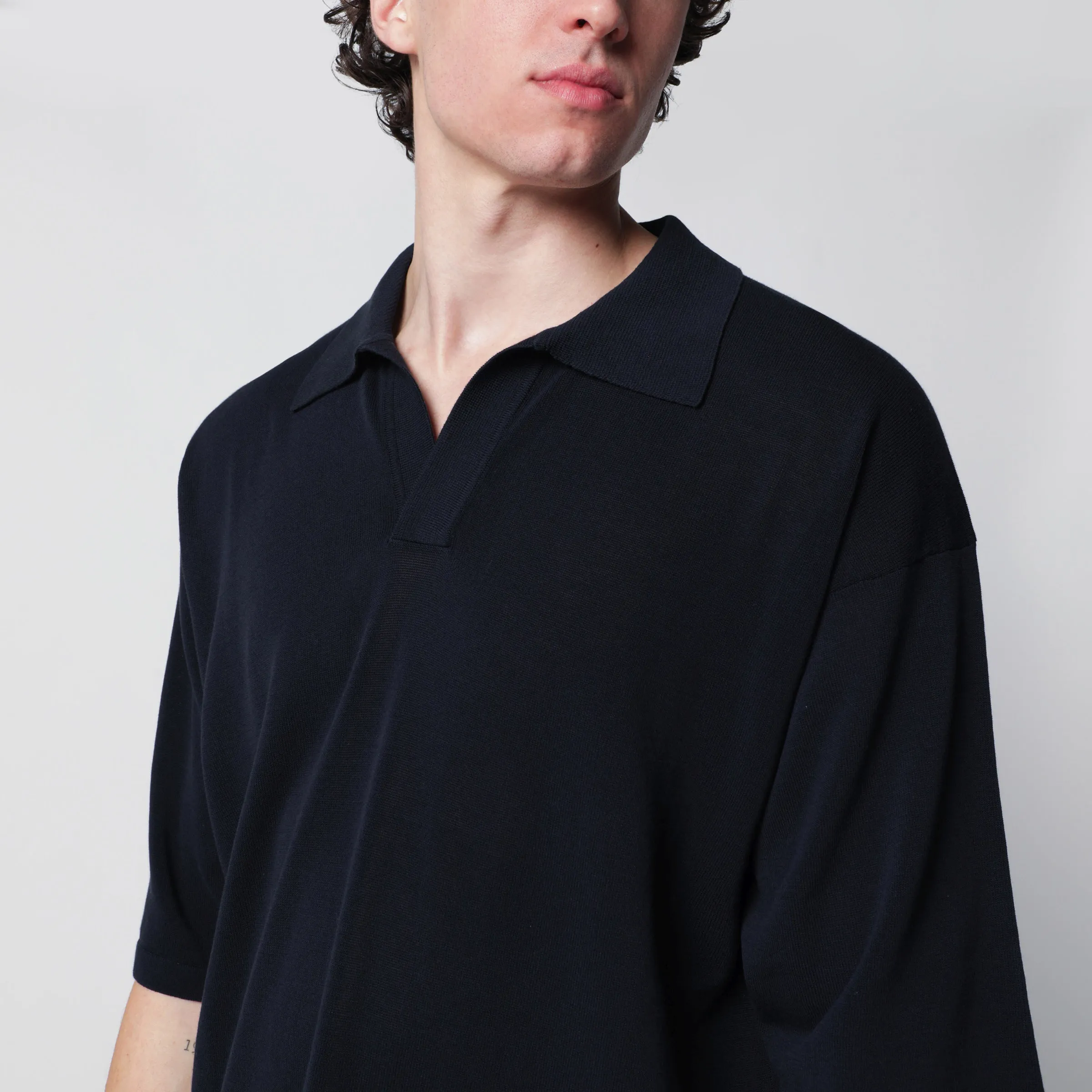 Navy Blue Cotton Knit Polo Shirt sold by Wanan Luxury product image thumbnail 2