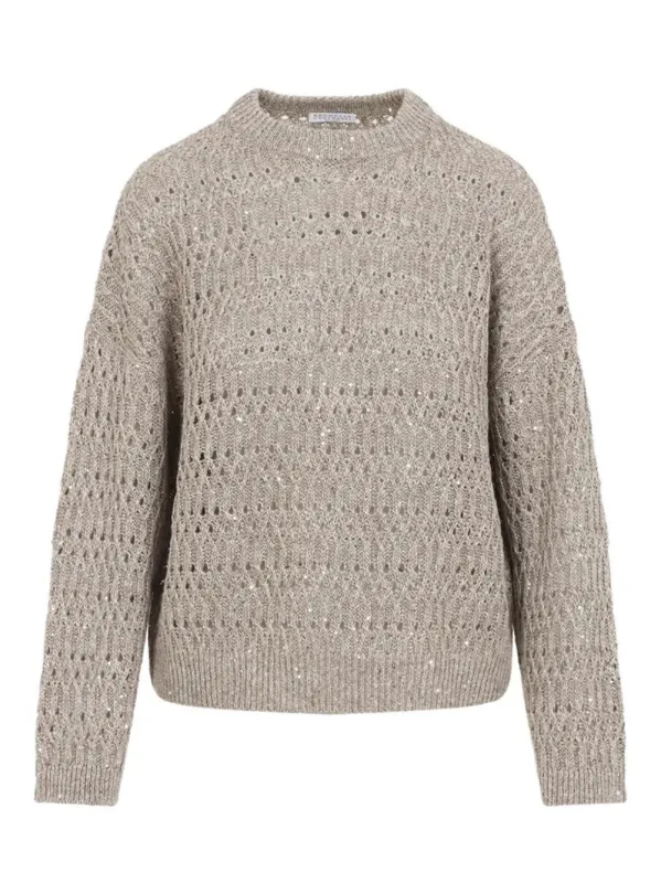Open-Knit Linen Blend Sweater With Sequins made by Brunello Cucinelli