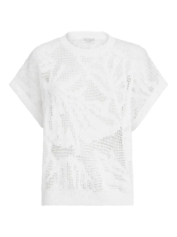 Dazzling Water Lillies Knit T-Shirt In Linen And Cotton sold by Wanan Luxury