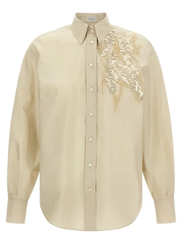 Sequin Embroidery Shirt Shirt And Blouse Beige made by Brunello Cucinelli