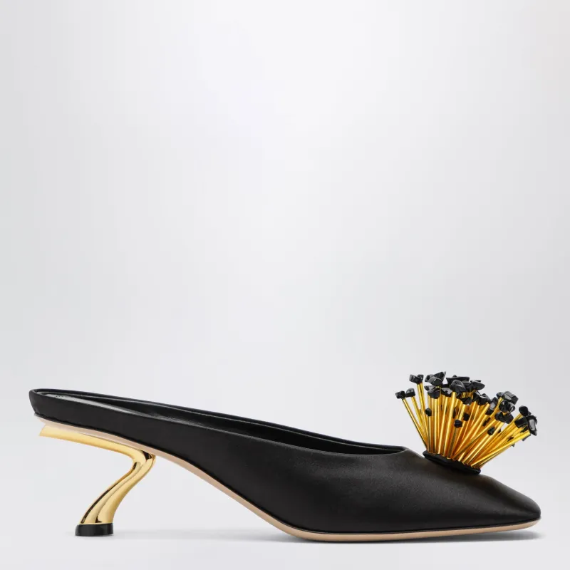 Black Mules With Sculptural Heel And Crystal Flower sold by Wanan Luxury