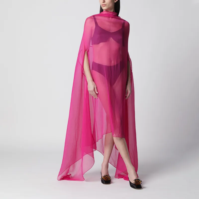 Wide Cape Dress Fuchsia In Sheer Silk made by Dries Van Noten