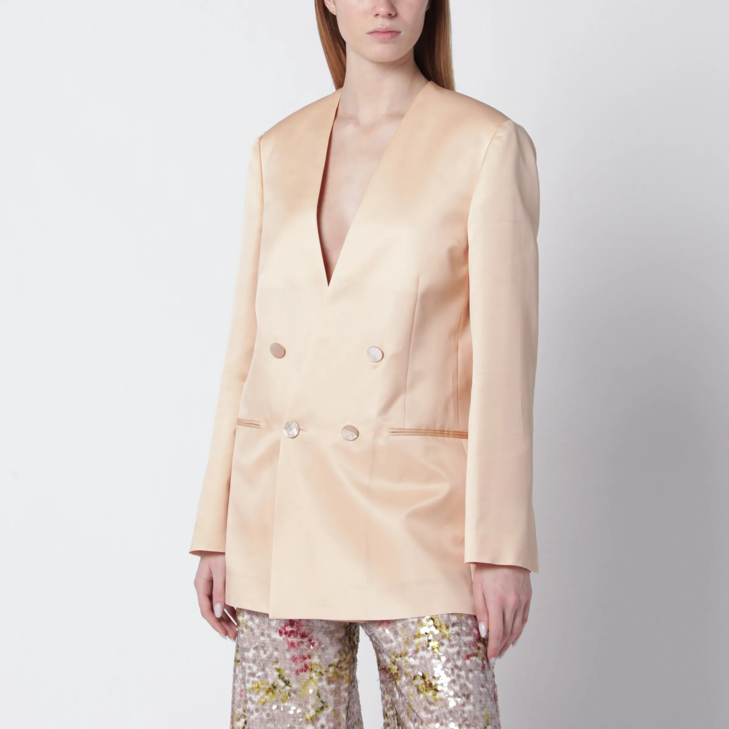 Beige Double-Breasted Jacket In Silk Organza sold by Wanan Luxury