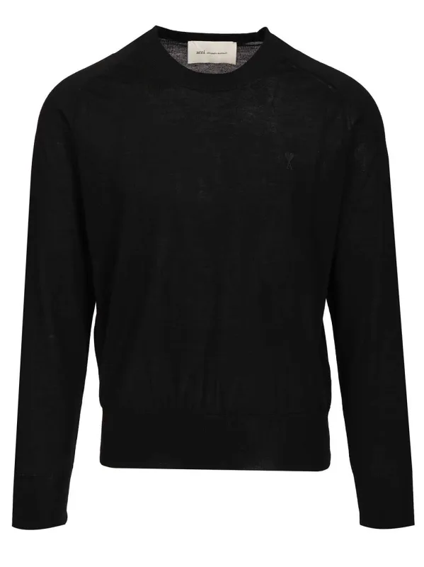 Quota -Crewneck Sweater With Contrasted Ami De Coeur Exrafine Merino Wool Knitwear Black made by Ami