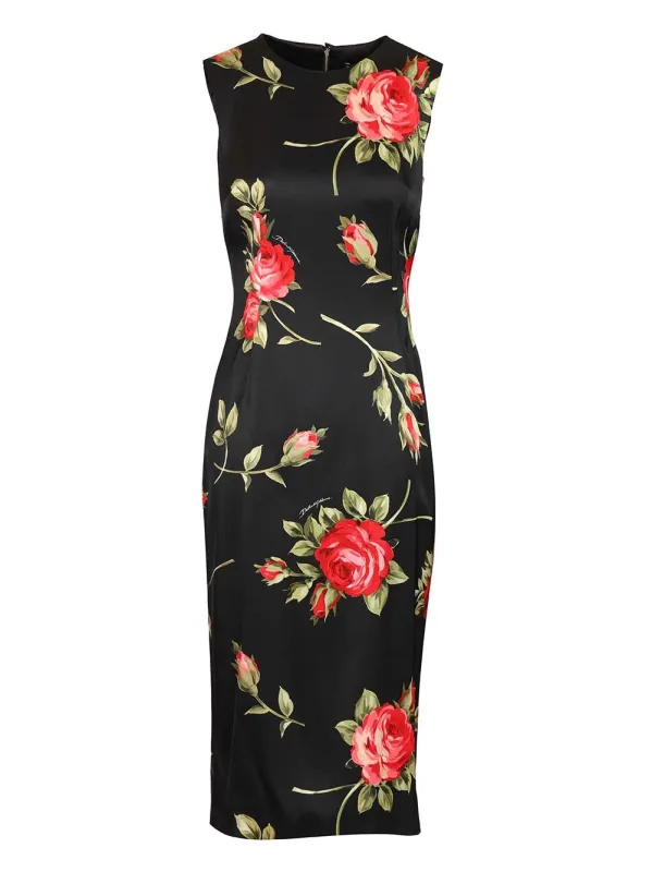 Satin Dress With Rose Bouquet Print Dresses Black made by Dolce & Gabanna