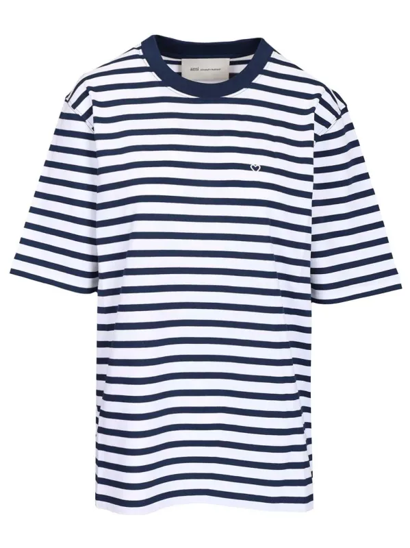 Quota -Short Sleeves Boxy Fit Mariniere Teeshirt With Ami De Coeur Patch T-Shirt Blue made by Ami