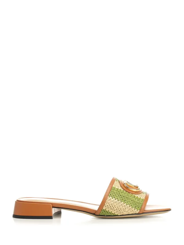 Striped Raffia And Leather Slides Scarpe Basse Green made by Valentino Garavani
