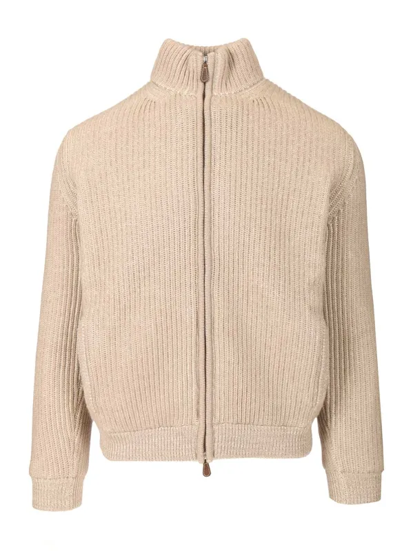 Zip-Up Cardigan Knitwear Beige made by Fedeli