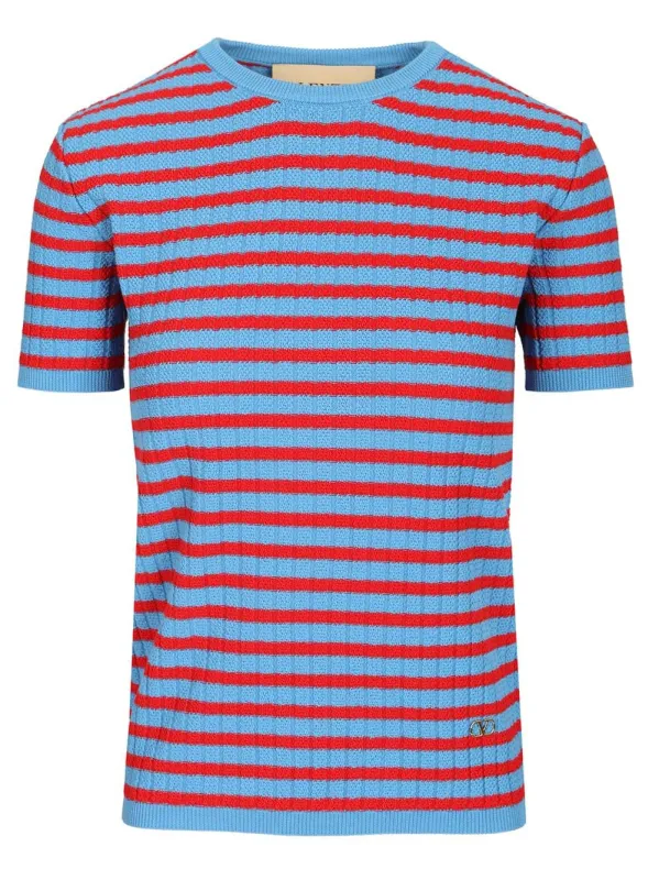 Ribbed And Striped Cotton T-Shirt Blue made by Valentino Garavani