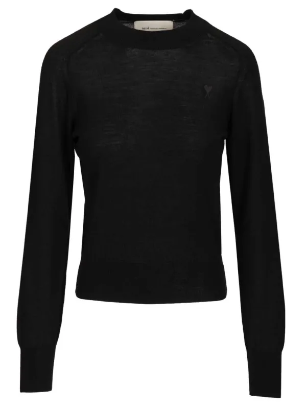 Quota -Crewneck Sweater With Contrasted Ami De Coeur Knitwear Black made by Ami