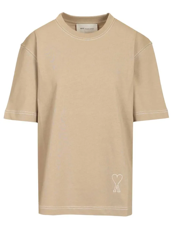 Short Sleeves Boxy Fit Teeshirt With Topstitched Ami De Coeur T-Shirt Beige made by Ami