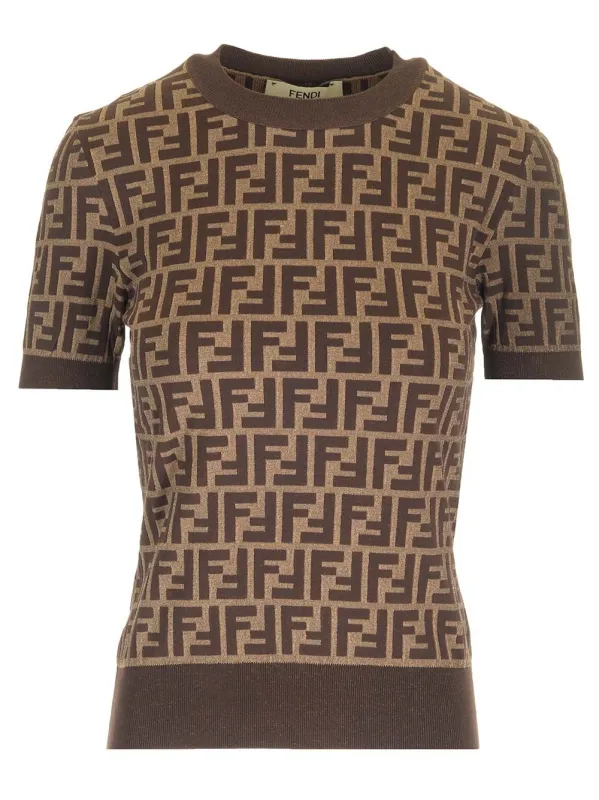 Ff Cotton Knit Top Knitwear Brown made by Fendi