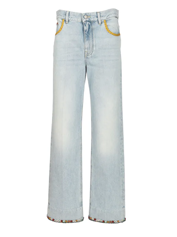 Denim Trousers With Embroidered Flower Trim Jeans Blue sold by Wanan Luxury