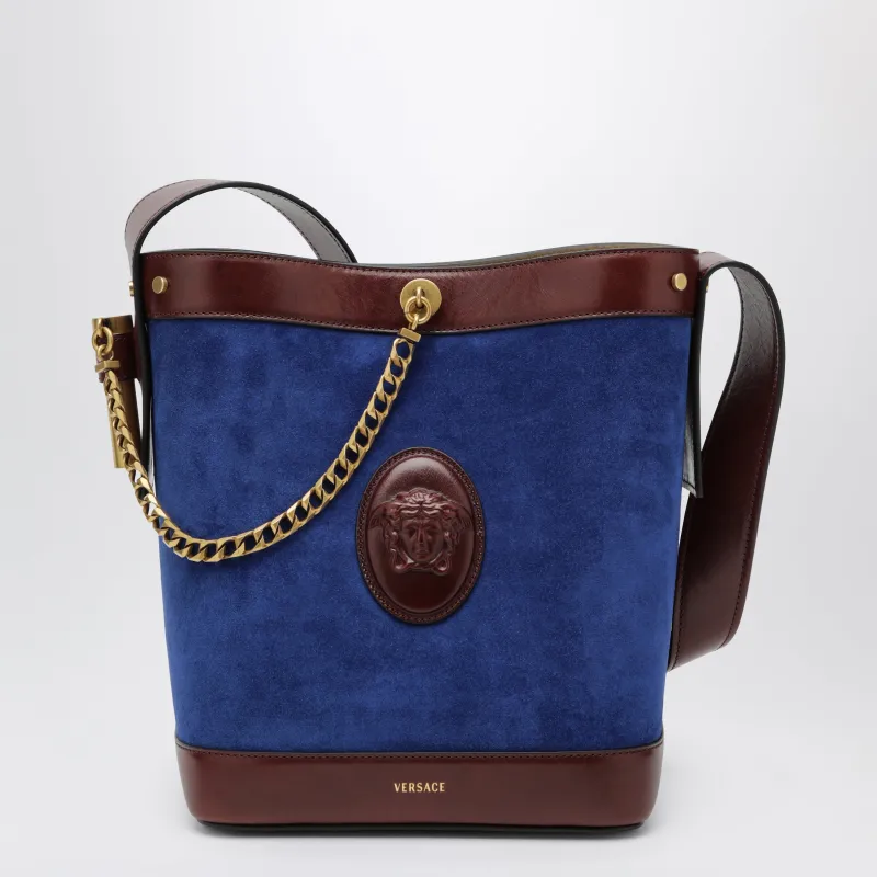Small Pivot Bucket Bag In Suede And Leather Blue made by Versace
