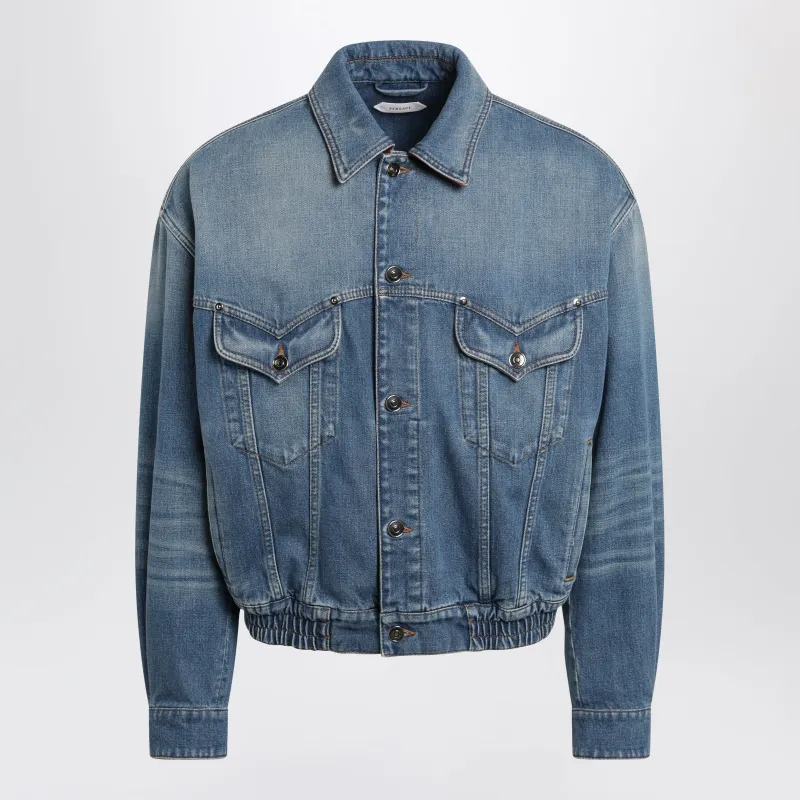 Blue Cotton Denim Jacket With Red Leather Details made by Versace