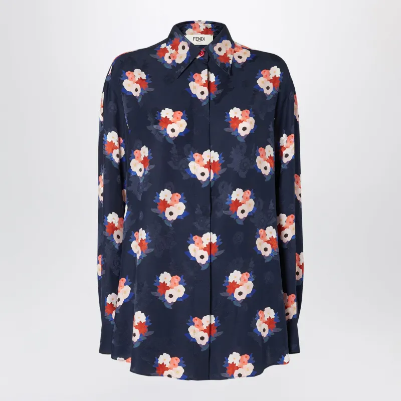 Dark Blue Satin Shirt With Floral Print made by Fendi
