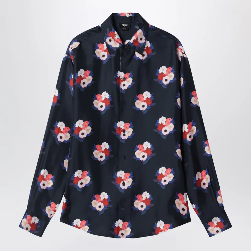 Dark Blue Satin Shirt With Floral Print made by Fendi